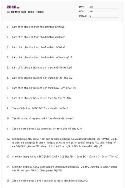 Bài tập theo tuần Toán 8 - Tuần 8