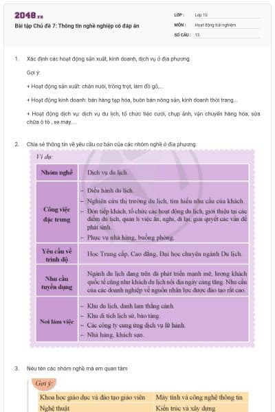 Bài tập Chủ đề 7: Thông tin nghề nghiệp có đáp án