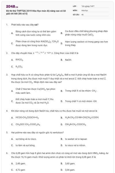 Đề thi thử THPTQG 2019 Hóa Học mức độ nâng cao có lời giải chi tiết (Đề số 6)