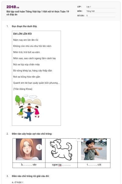Bài tập cuối tuần Tiếng Việt lớp 1 Kết nối tri thức Tuần 19 có đáp án