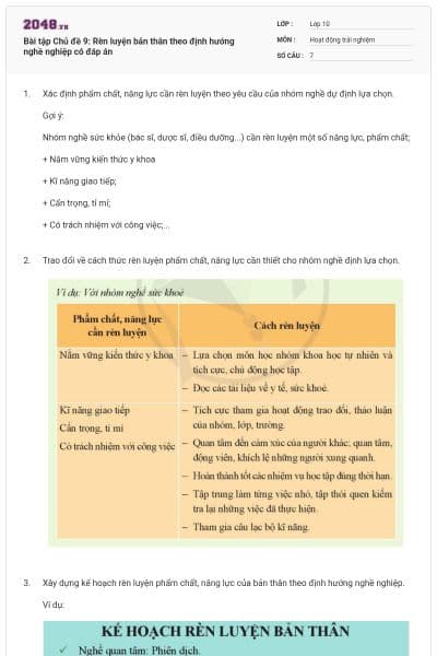 Bài tập Chủ đề 9: Rèn luyện bản thân theo định hướng nghề nghiệp có đáp án