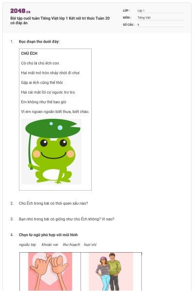 Bài tập cuối tuần Tiếng Việt lớp 1 Kết nối tri thức Tuần 20 có đáp án