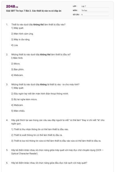 Giải SBT Tin học 7 Bài 2. Các thiết bị vào ra có đáp án