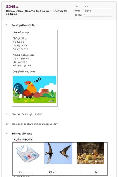 Bài tập cuối tuần Tiếng Việt lớp 1 Kết nối tri thức Tuần 23 có đáp án