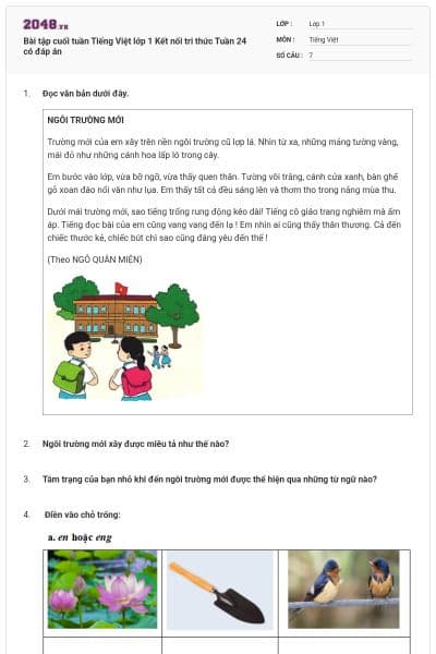 Bài tập cuối tuần Tiếng Việt lớp 1 Kết nối tri thức Tuần 24 có đáp án