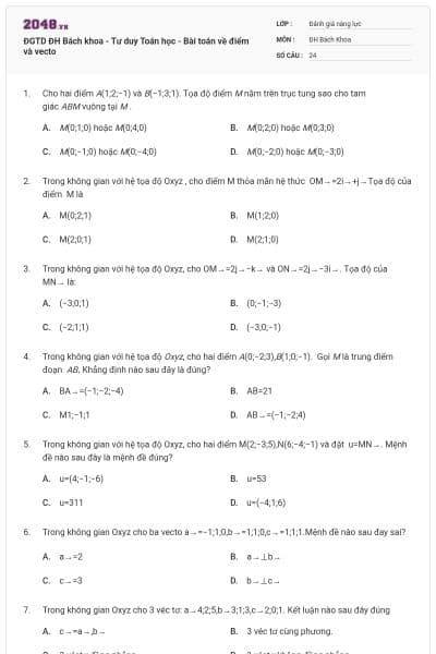 ĐGTD ĐH Bách khoa - Tư duy Toán học - Bài toán về điểm và vecto