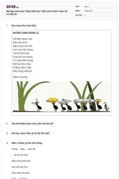 Bài tập cuối tuần Tiếng Việt lớp 1 Kết nối tri thức Tuần 26 có đáp án