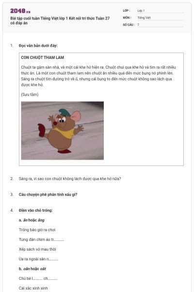 Bài tập cuối tuần Tiếng Việt lớp 1 Kết nối tri thức Tuần 27 có đáp án