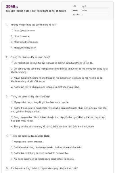 Giải SBT Tin học 7 Bài 1. Giới thiệu mạng xã hội có đáp án