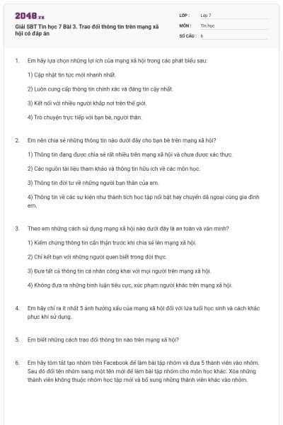 Giải SBT Tin học 7 Bài 3. Trao đổi thông tin trên mạng xã hội có đáp án