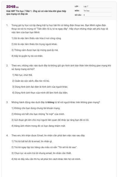 Giải SBT Tin học 7 Bài 1. Ứng xử có văn hóa khi giao tiếp qua mạng có đáp án