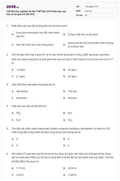 160 Bài trắc nghiệm thi thử THPTQG 2019 Hóa Học cực hay có lời giải chi tiết (P4)