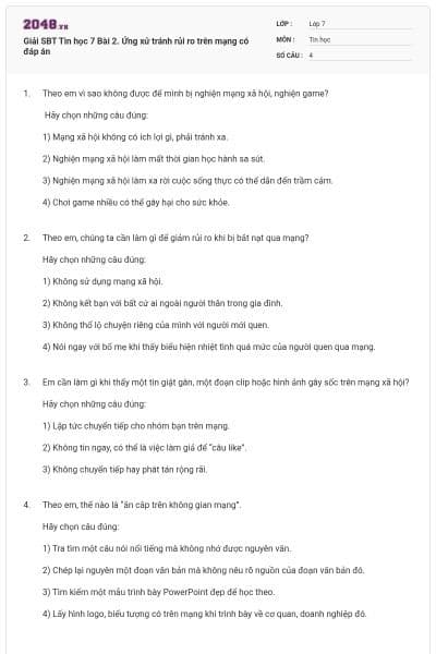 Giải SBT Tin học 7 Bài 2. Ứng xử tránh rủi ro trên mạng có đáp án