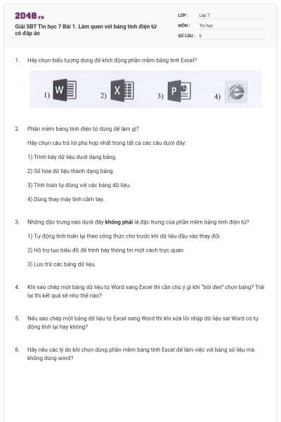 Giải SBT Tin học 7 Bài 1. Làm quen với bảng tính điện tử có đáp án