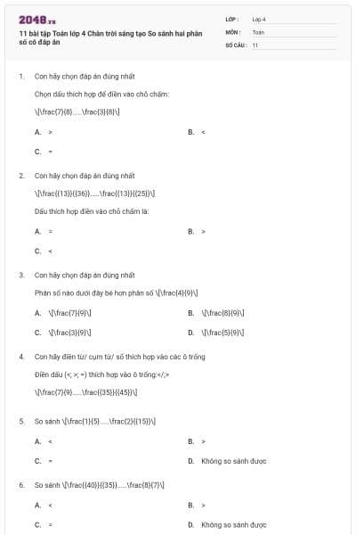 11 bài tập Toán lớp 4 Chân trời sáng tạo So sánh hai phân số có đáp án