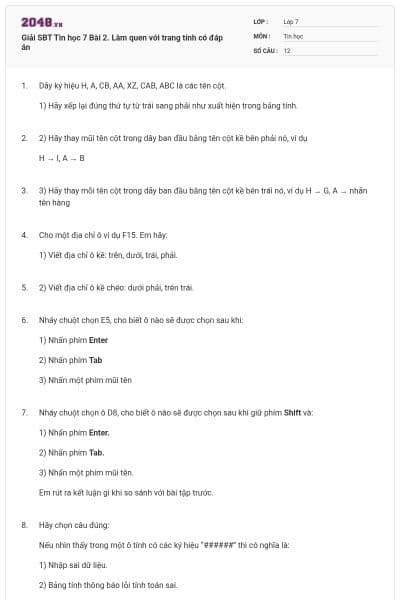 Giải SBT Tin học 7 Bài 2. Làm quen với trang tính có đáp án