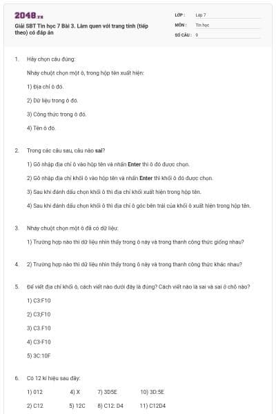 Giải SBT Tin học 7 Bài 3. Làm quen với trang tính (tiếp theo) có đáp án