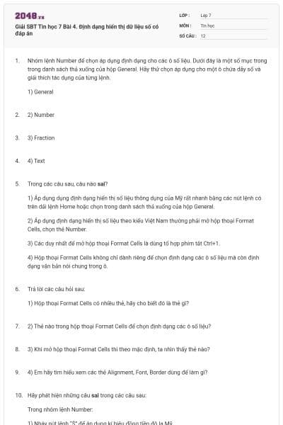 Giải SBT Tin học 7 Bài 4. Định dạng hiển thị dữ liệu số có đáp án