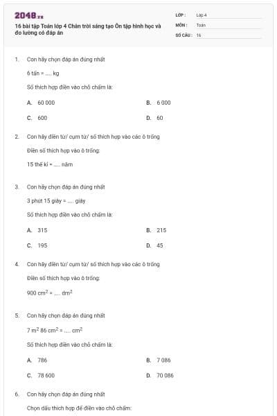 16 bài tập Toán lớp 4 Chân trời sáng tạo Ôn tập hình học và đo lường có đáp án
