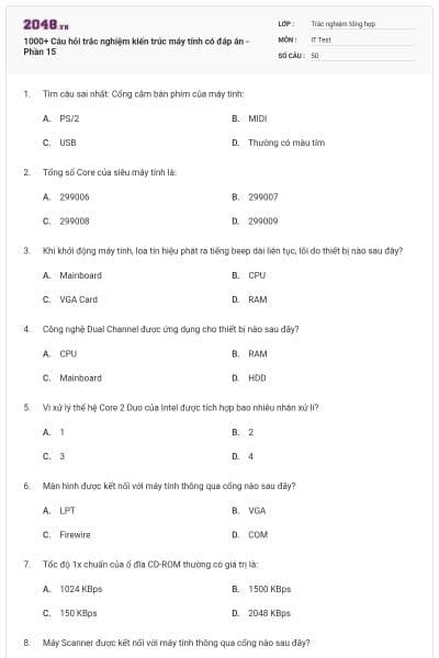 1000+ Câu hỏi trắc nghiệm kiến trúc máy tính có đáp án - Phần 15