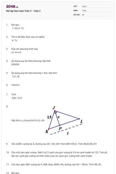 Bài tập theo tuần Toán 9 - Tuần 2