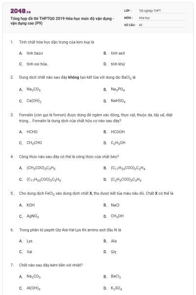 Tổng hợp đề thi THPTQG 2019 Hóa học mức độ vận dụng - vận dụng cao (P9)