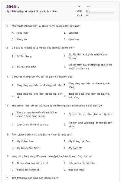 Bộ 15 đề thi học kì 1 Địa lí 12 có đáp án - Đề 6