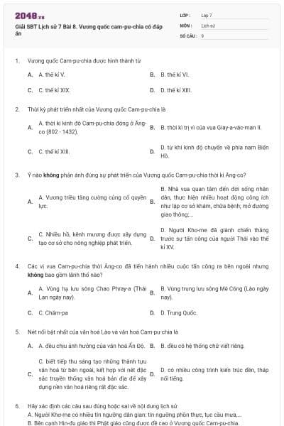 Giải SBT Lịch sử 7 Bài 8. Vương quốc cam-pu-chia có đáp án