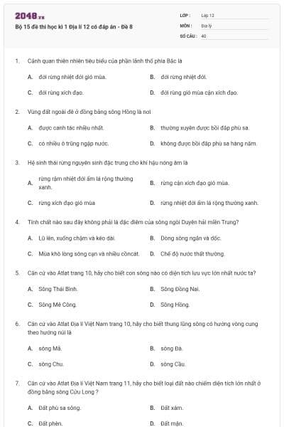 Bộ 15 đề thi học kì 1 Địa lí 12 có đáp án - Đề 8