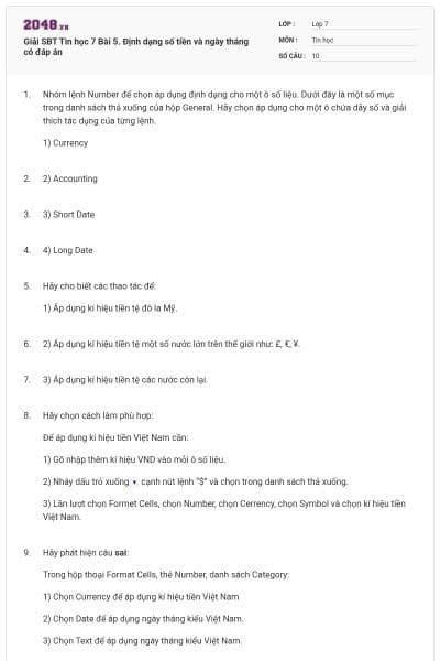 Giải SBT Tin học 7 Bài 5. Định dạng số tiền và ngày tháng có đáp án