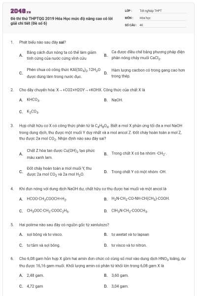 Đề thi thử THPTQG 2019 Hóa Học mức độ nâng cao có lời giải chi tiết (Đề số 6)