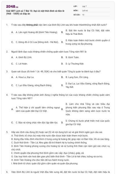 Giải SBT Lịch sử 7 Bài 10. Đại cồ việt thời đinh và tiền lê (968 - 1009) có đáp án