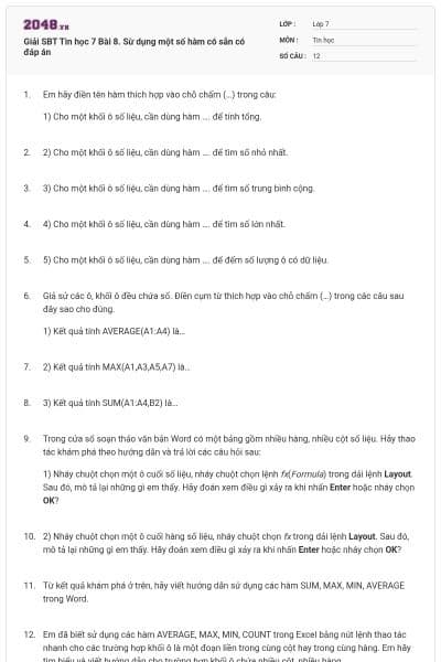 Giải SBT Tin học 7 Bài 8. Sừ dụng một số hàm có sẵn có đáp án