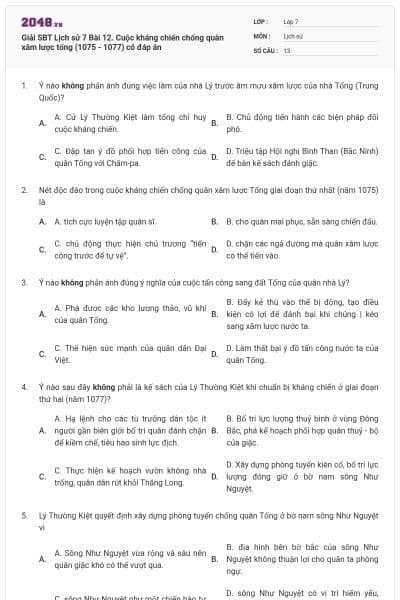 Giải SBT Lịch sử 7 Bài 12. Cuộc kháng chiến chống quân xâm lược tống (1075 - 1077) có đáp án