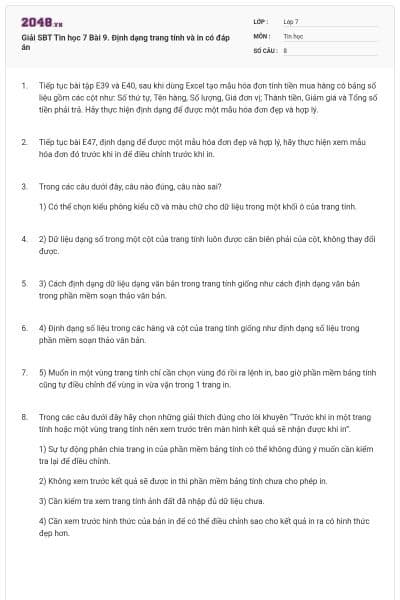 Giải SBT Tin học 7 Bài 9. Định dạng trang tính và in có đáp án