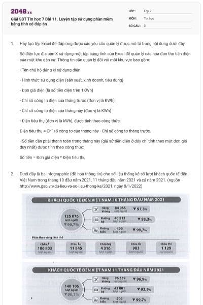 Giải SBT Tin học 7 Bài 11. Luyện tập sử dụng phần mềm bảng tính có đáp án