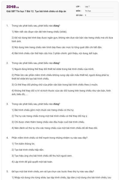 Giải SBT Tin học 7 Bài 12. Tạo bài trình chiếu có đáp án