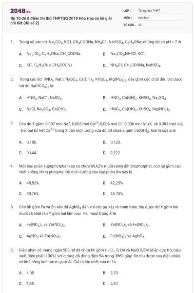 Bộ 10 đề 8 điểm thi thử THPTQG 2019 Hóa Học có lời giải chi tiết (đề số 2)