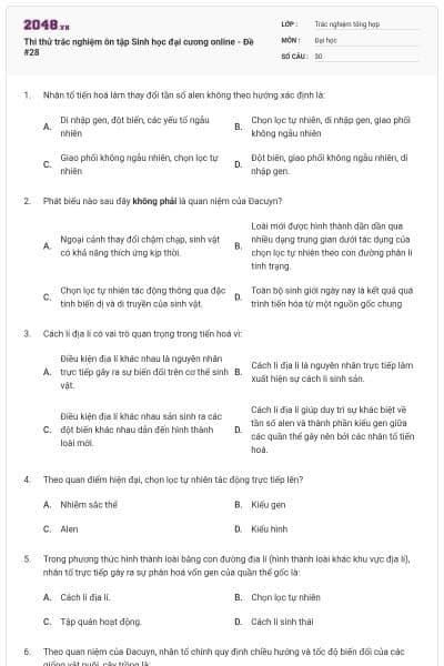 Thi thử trắc nghiệm ôn tập Sinh học đại cương online - Đề #28