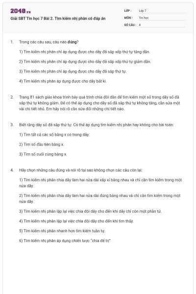 Giải SBT Tin học 7 Bài 2. Tìm kiếm nhị phân có đáp án