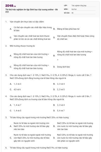 Thi thử trắc nghiệm ôn tập Sinh học đại cương online - Đề #31