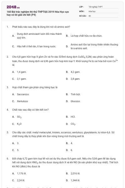 160 Bài trắc nghiệm thi thử THPTQG 2019 Hóa Học cực hay có lời giải chi tiết (P4)