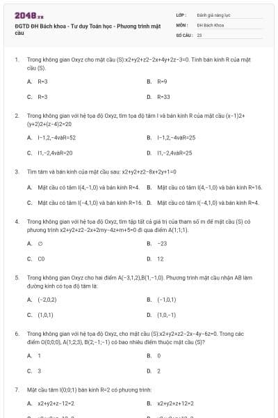 ĐGTD ĐH Bách khoa - Tư duy Toán học - Phương trình mặt cầu