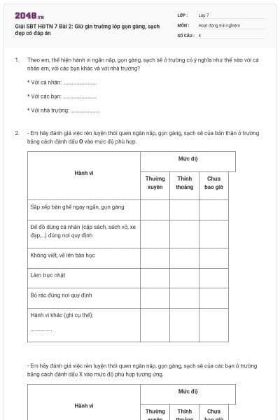 Giải SBT HĐTN 7 Bài 2: Giữ gìn trường lớp gọn gàng, sạch đẹp có đáp án