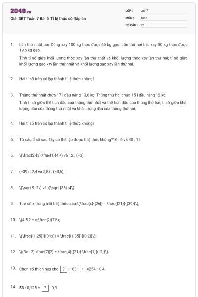 Giải SBT Toán 7 Bài 5. Tỉ lệ thức có đáp án