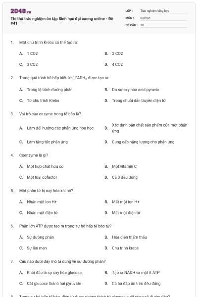 Thi thử trắc nghiệm ôn tập Sinh học đại cương online - Đề #41