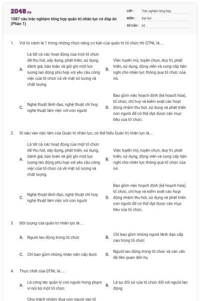 1087 câu trắc nghiệm tổng hợp quản trị nhân lực có đáp án (Phần 1)