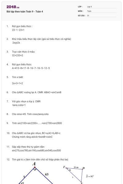 Bài tập theo tuần Toán 9 - Tuần 4