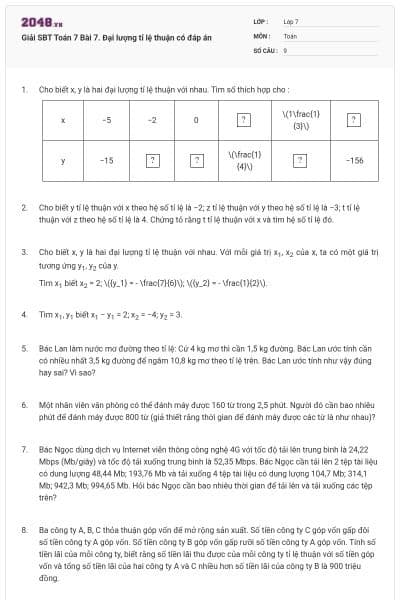 Giải SBT Toán 7 Bài 7. Đại lượng tỉ lệ thuận có đáp án