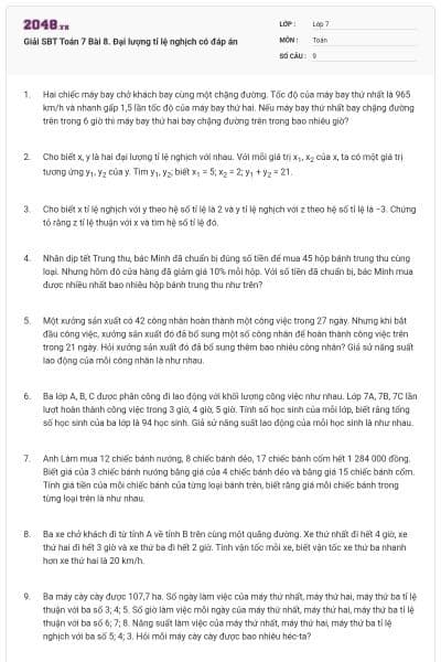 Giải SBT Toán 7 Bài 8. Đại lượng tỉ lệ nghịch có đáp án